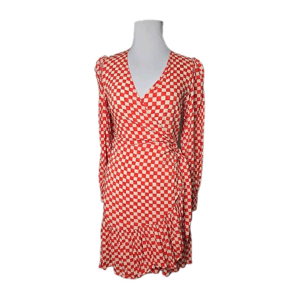 FRNCH Paris Orange‎ & Cream Checkered Full-Wrap Dress Size XS Viscose